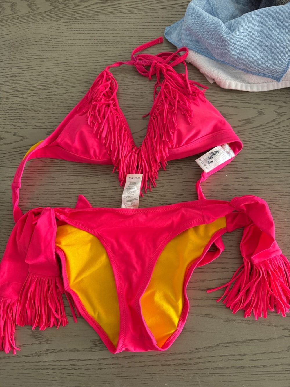 Neon Pink Fringe Triangle Bikini with Yellow Lining